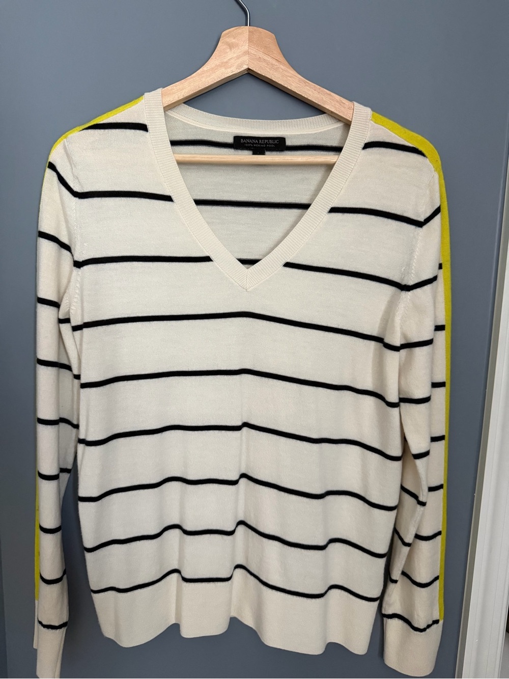 Banana Republic Cream Stripe V-Neck Sweater with Yellow Trim- 100% Merino Wool